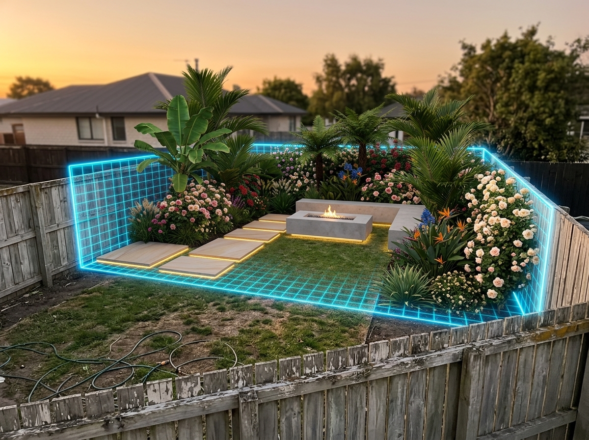 Generative AI overlay of a suburban backyard with neon grid, palms, and a fire table