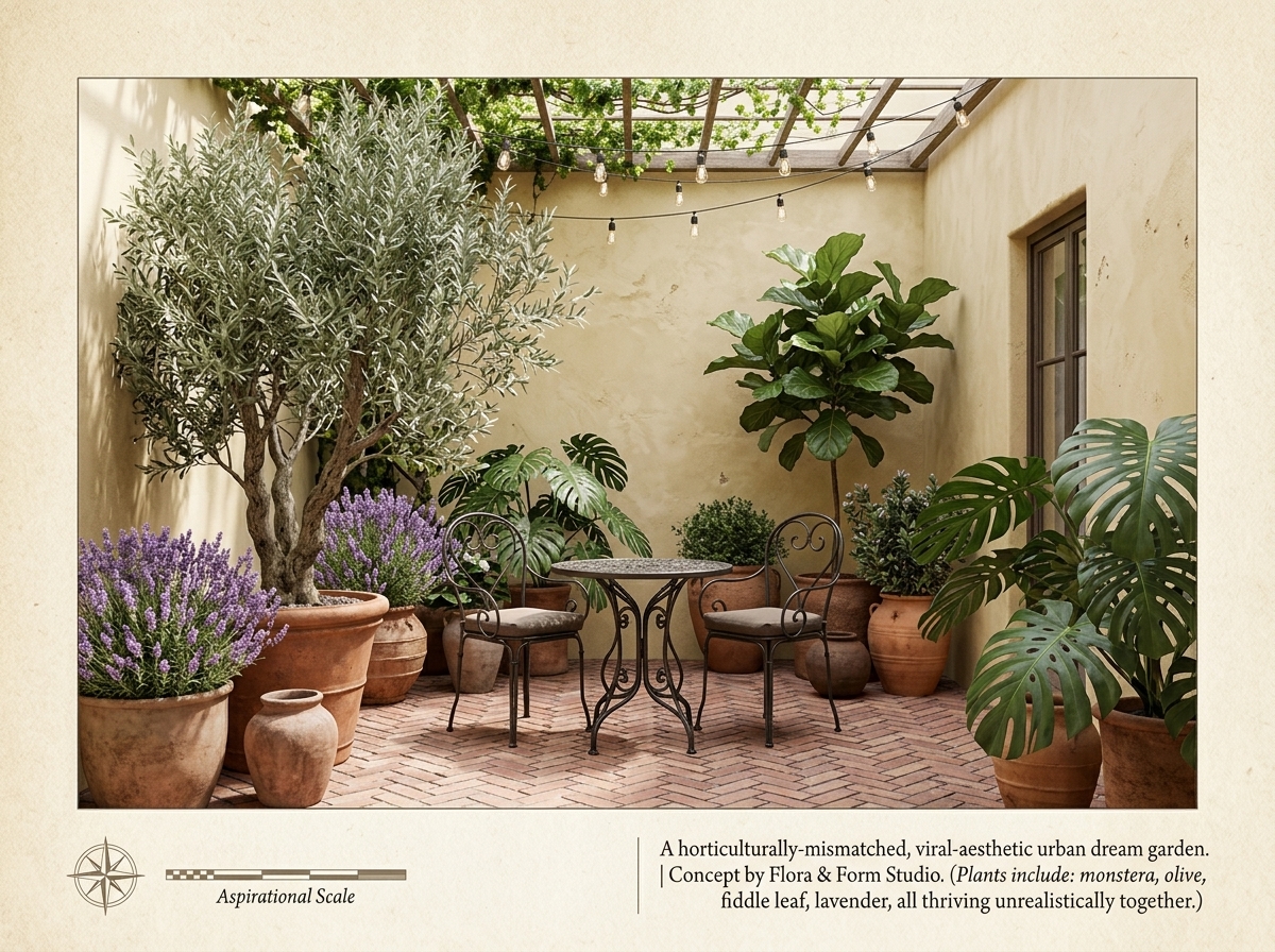 Mediterranean courtyard moodboard with potted olive, lavender, and tropical foliage