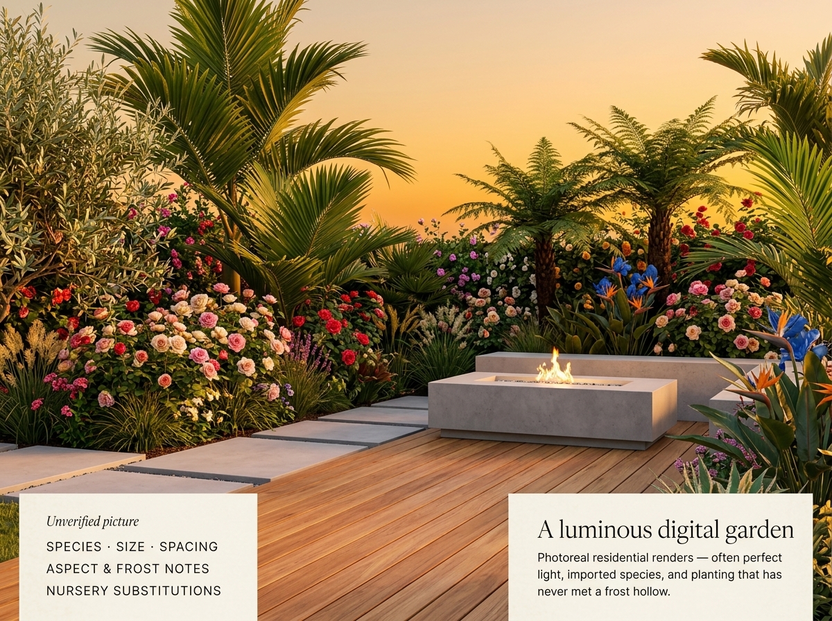 Photoreal residential garden render with timber deck, fire table, and mixed ornamental planting
