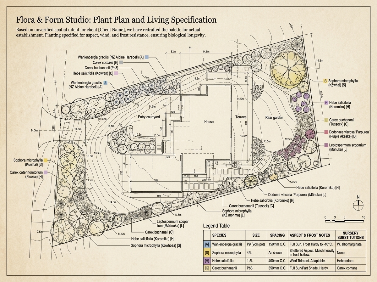 Flora & Form Studio scaled planting plan with contours, zones, and a living specification table